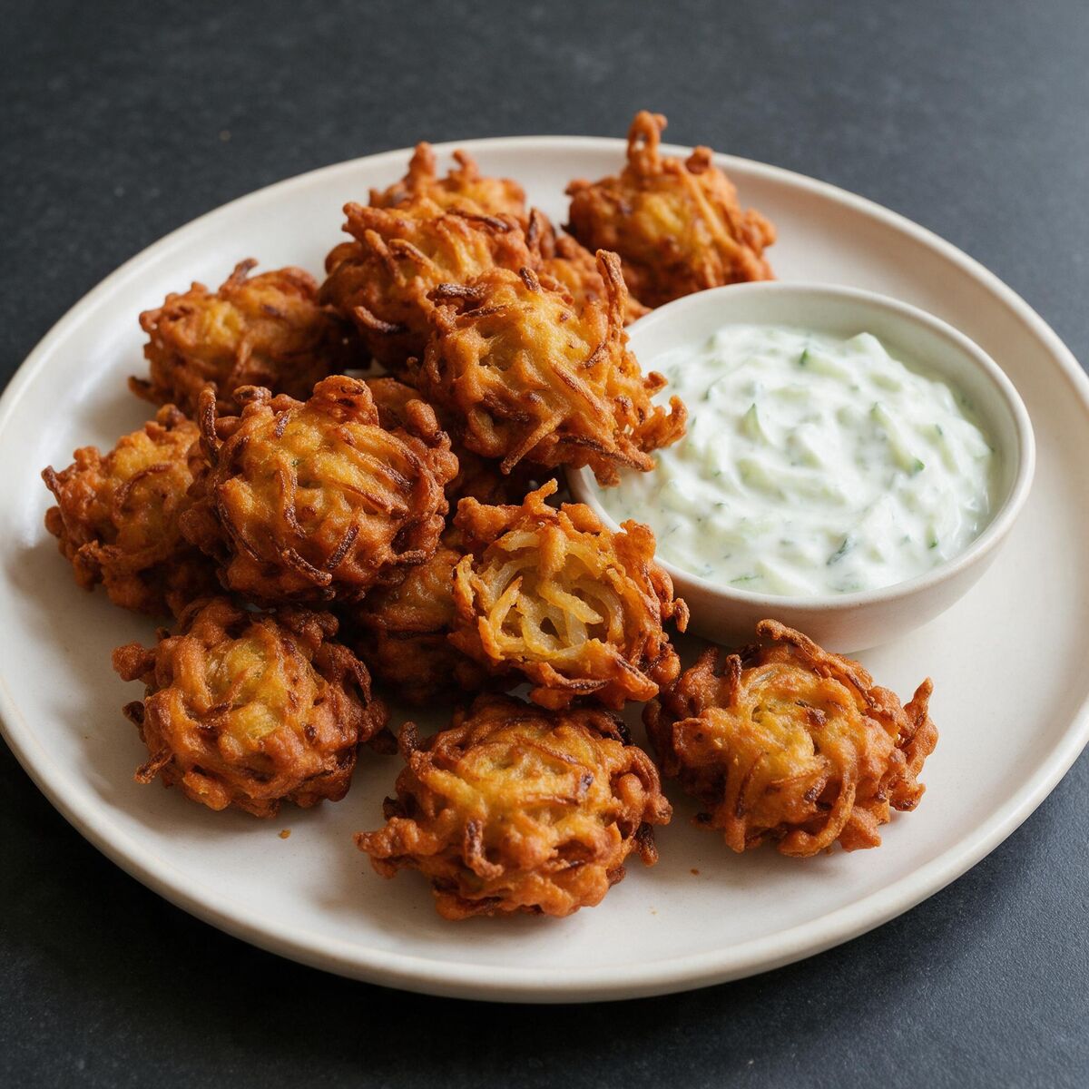 Onion Bhaji with Cucumber-Mint Raita