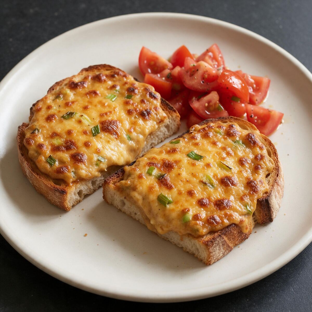 Welsh Rarebit with Spring Onions & Tomato Salad