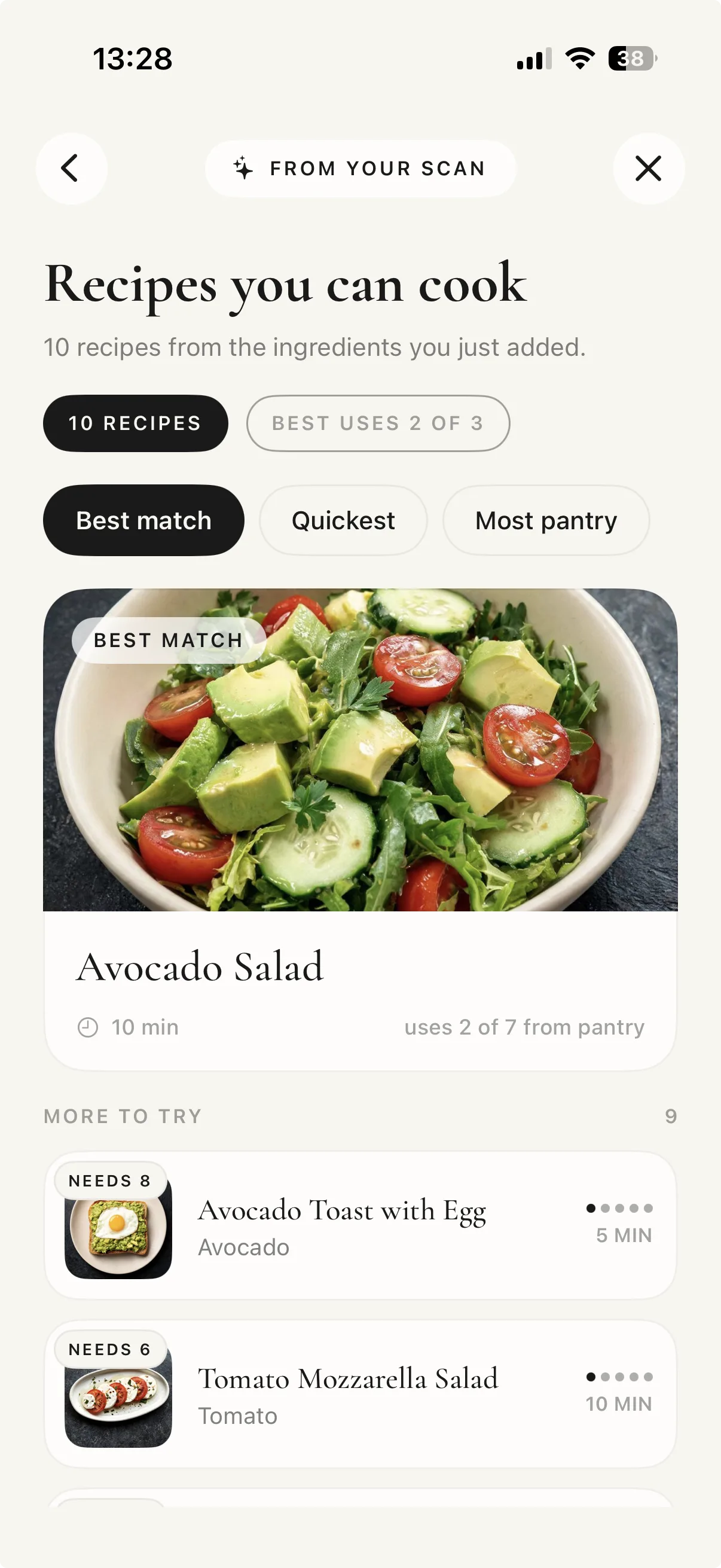 A list of recipes matched to your scan
